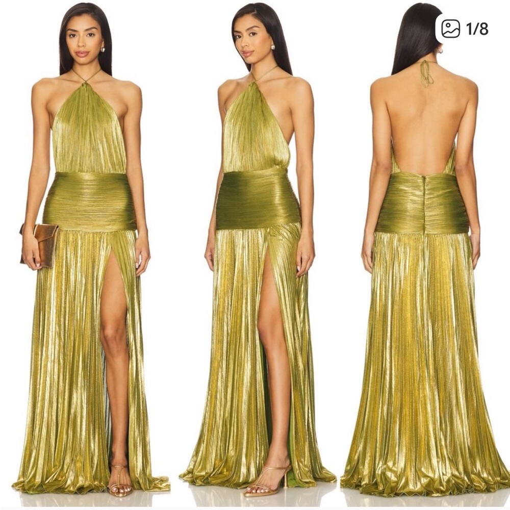 Retrofete Olive Green Halter Maxi Dress with Side Slit - Picture 3 of 3
